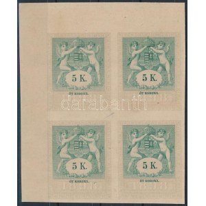 1898 5K okmánybélyeg ívsarki karton négyestömb mintaívből ...