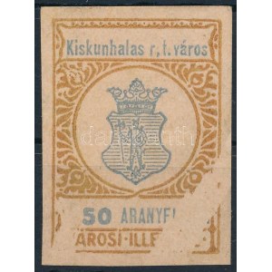 1924 Kiskunhalasi illetékbélyeg 50 aranyfillérről, erős nyomathiánnyal