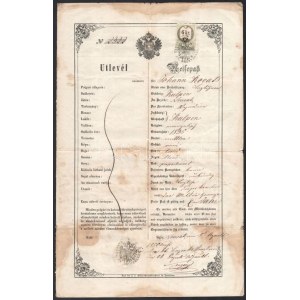 1856 Osztrák-Magyar Monarchia, kétnyelvű útlevél újvidéki magyar személy részére, hátoldalán későbbi feljegyzéssel...