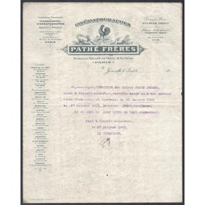1909 Paris, Cinématographes Pathé Freres díszes, fejléces papírjára írt munkáltatói igazolás, francia nyelven...