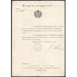 1941 Radocsay László (1878-1968) igazságügyminiszter (a második Teleki-kormány igazságüyminiszere (1939. nov. 9.-1941...