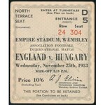 1953 Magyarország-Anglia, a legendás 6:3-as labdarúgó mérkőzés meccsfüzete, és egy belépőjegy a Wembley Stadionba...