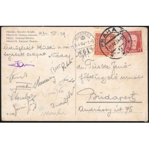 1934 Magyarország-Csehszlovákia labdarúgó mérkőzés, a magyar csapat tagjai által aláírt képeslap Bíró, Toldi, Pataki...