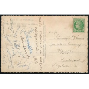 1946 A magyar labdarúgó válogatott csapat tagjai által aláírt képeslap Párizsból Puskás, Mike, Ónody, Tóth II, stb. ...