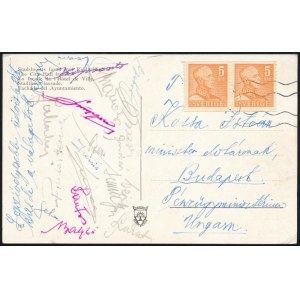 cca 1960 Svédországból a magyar labdarúgó válogatott játékosai által aláírt képeslap Lantos, Kocsi, Lakatos, Budai...