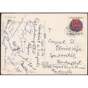 1971 Plzen, Csepel SC labdarúgó által haza küldött képeslap, rajta Rottenbiller István, Faludi Dezső, Gulyás Sándor...