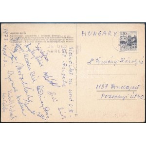 1973 Belgrád, magyar sportolók által az úszó vb-ről haza küldött képeslap, rajta Székely Éva, Hargitay András...