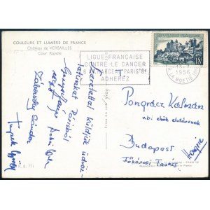 1956 Párizs, Magyar úszók által haza küldött képeslap, Pongrácz Kálmán (1898-1980) Budapest főpolgármestere ...