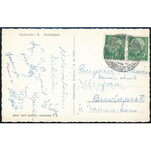 1955 Karlsruhe, magyar birkózók által haza küldött képeslap, Pongrácz Kálmán (1898-1980) Budapest főpolgármestere ...