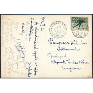 1952 Osló, a téli olimpiáról sportolók, edzők által haza küldött képeslap, Pongrácz Kálmán (1898-1980...