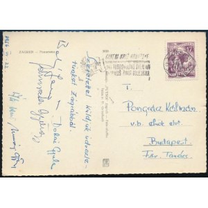 1956 Zágráb, magyar úszók által küldött képeslap haza, Pongrácz Kálmán (1898-1980) Budapest főpolgármestere ...