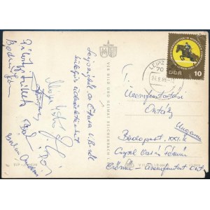 1965 A magyar öttusa válogatott tagjai által Lipcséből haza küldött képeslapja, Balczó András, Móna István...