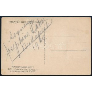 1939 Josephine Baker (1906-1975) táncosnő aláírása egy őt ábrázoló képeslapon, 14x9 cm/ 1939 Josephine Baker (1906-1975...
