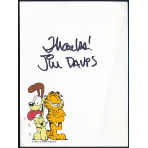 Jim Davis (1945) amerikai képregényrajzoló, Garfield macska szülőatyja autográf aláírása Garfieldos lapon ...