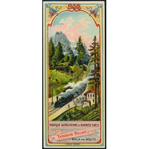 cca 1895 Olajnyomatos szecessziós nagyméretű reklámcímke, hegyi vasútállomással a lengyel Theodor Pollak bielsko...