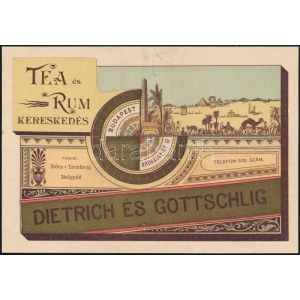 cca 1910 Dietrich és Gottschlig tea és rum kereskedés, Bp., Andrássy út 10., illusztrált, szecessziós reklám szórólap...