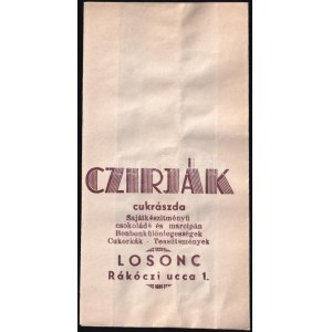 cca 1910-1920 Losonc, Czirják cukrászda cukorkás papírzacskója, szép állapotban, 15,5x8 cm