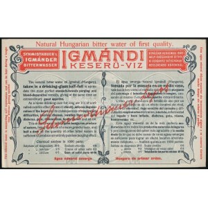 cca 1920-1930 Schmidthauer-féle Igmándi keserűvíz többnyelvű reklám szórólapja, 23x14,5 cm