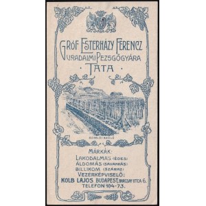 cca 1930 Gróf Esterházy Ferencz uradalmi pezsgőgyára Tata számolócédula, apró sérüléssel, 12...
