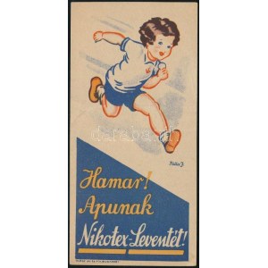 cca 1930-1940 Nikotex-Levente cigaretta reklám számolócédula, Pálla Jenő (1883-1958) festő, grafikus illusztrációjával...