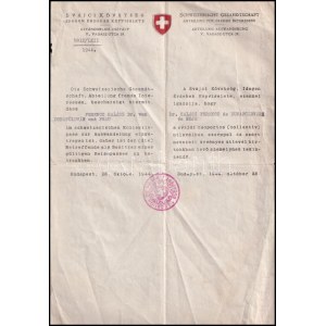 1944 A svájci követség menlevele Schutzpass magyar férfi részére. ...