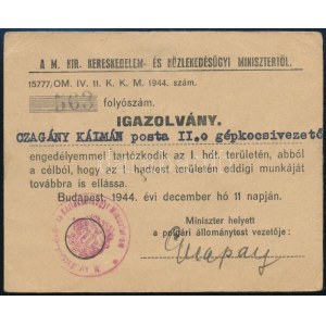 1944. 12. 11. Mozgási engedély a I. hadtest területesre gépkocsivezető részére