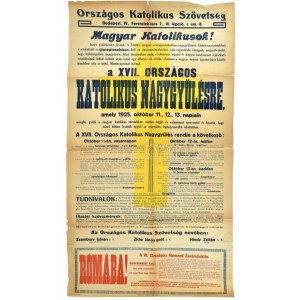 1925 Országos Katolikus Naggyűlés nagy méretű plakát szakadásokkal. 120x65 cm