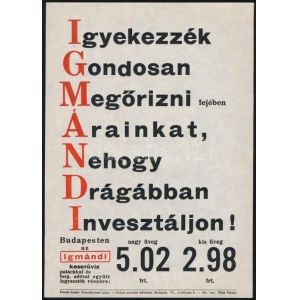 cca 1920-1930 Igyekezzék gondosan megőrizni fejében árainkat..., Schmidthauer-féle Igmándi keserűvíz reklám-...