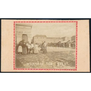 cca 1890-1900 Bp., Hunyadi tér fotója, háttérben piaccal, az előtérben Kálmán József fiók mészárszékével...