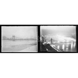 cca 1932 Budapest, az Erzsébet híd éjjel és nappal, 2 db vintage NEGATÍV üveglemez Kinszki Imre (1901-1945...