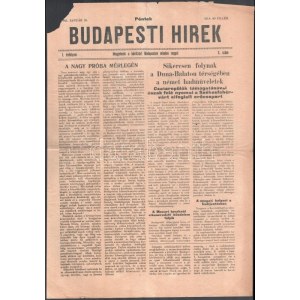 1945. 01.26. A körülzárt Budapesten indult Budapesti Hírek c. újság I. évf 3. száma 2p.