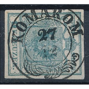 1850 9kr HP IIb. szürkéskék, 0,07 mm-es selyem papíron, vízjellel / greyish blue on 0,07 mm silk paper with watermark. ...