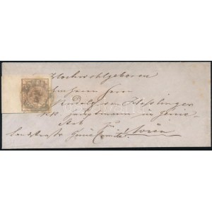 ~1852 6kr MP III ívszéli nyomat (13-13,5 mm) távolsági levélen. A bélyeget vizsgálati célból leáztatták...