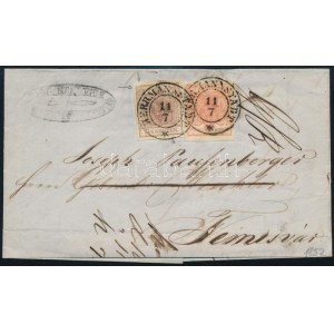 1852 3kr + 6kr HP I jó szélekkel távolsági levélen teljes tartalommal / on domestic cover with full content. ...