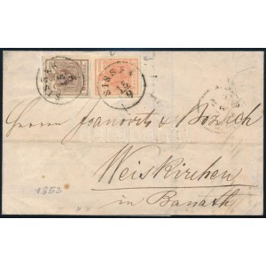 1853 3kr + 6kr HP III szép szélekkel, festékfolt a 3kr keretvonalán, távolsági levélen teljes tartalommal. Látványos...