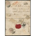 1856 6kr ajánlott tértivevényes levél előoldalán + 6kr hátoldalon + 6kr ívszéli része a hátoldalon, MP III (dátum 24/12...