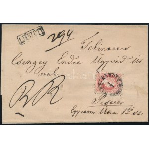 ~1867 2 x 5kr + 15kr ajánlott tértivevényes levélen, a tértivevény letépése miatt a hátoldali bélyegek sérültek ...