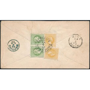 1871 Ajánlott 5kr díjjegyes boríték, a hátoldalán 2 x 2kr és 2 x 3kr díjkiegészítéssel (az egyik 3kr sérült...