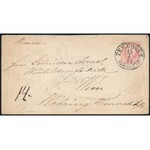 1871 Ajánlott 5kr díjjegyes boríték, a hátoldalán 2 x 2kr és 2 x 3kr díjkiegészítéssel (az egyik 3kr sérült...