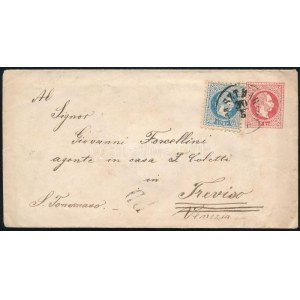 1871 5kr díjjegyes boríték 10kr díjkiegészítéssel Trevisoba küldve / 5kr PS-cover with 10kr additional franking ...