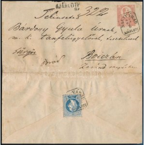 1871 Kőnyomat 5kr díjjegyes boríték 1867-es 10kr kiegészítéssel ajánlott levélként (kiállítási lapon...