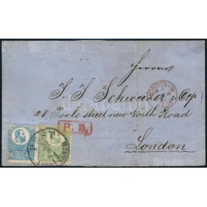 1871 Kőnyomat 3kr (IV. típus) és 10kr (II. típus) levélen Angliába (összesen 3 db Kőnyomat 13kr levél ismert) / Mi 2 ...