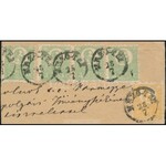 1871 Ajánlott levél előoldalán 2kr + 4 x 3kr, a hátoldalon egy sérült 2kr / Registered cover with 2kr + 4 x 3kr (...