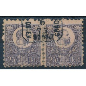 1871 Réznyomat 25kr párból származó 2 bélyeg, bélyegragasztóval rögzítve / Mi 13, 2 stamps from a pair...