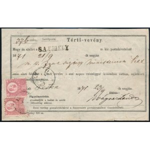 1871 Tértivevény 2 x Réznyomat 5kr bérmentesítéssel (ritkább, mint 1 x 10kr) (1 bélyeg sérült) ...