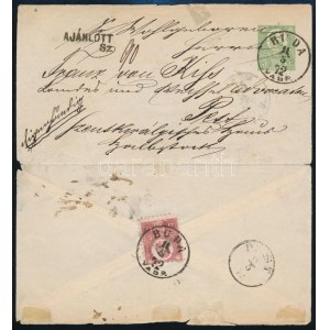 1872 3kr díjjegyes boríték Réznyomat 5kr díjkiegészítéssel helyi ajánlott levélként / 3kr PS...
