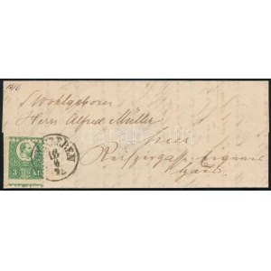 1872 3kr durván elfogazva, felül vágott, levélen / 3kr with perforation error on cover NAGYSZEBEN...