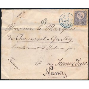 1875 Réznyomat 25kr vörösesibolya színben, levél előlapon Pestről Franciaországba küldve, kék érkezési bélyegzéssel ...