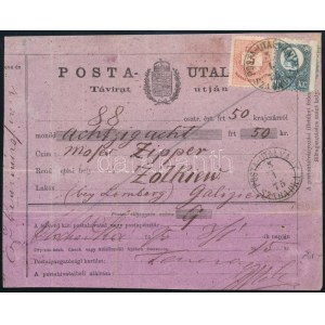 1875 Postautalvány Réznyomat 10kr és Színesszámú 5kr vegyes bérmentesítéssel / Money order with Mi 10 ...