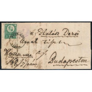 1875 Vegyes bérmentesítésű levél Réznyomat 3kr és Színesszámú 2kr bélyeggel / Mi 9 + 15 on cover MEZŐ-EÖRS ...
